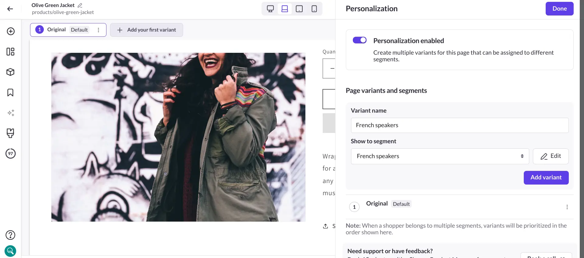 With Personalization, you can create a page variant in Shogun’s visual editor that is only shown to a segment of your visitors.