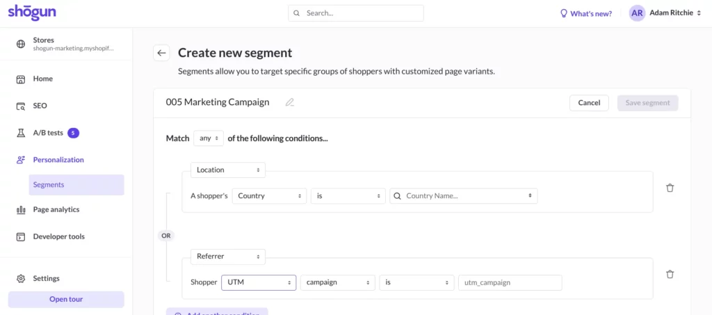 Shogun allows you to create audience segments based on several different types of conditions.