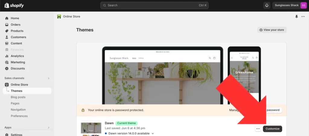 Click on the “Customize” button next to your theme to open the Shopify Theme Editor.