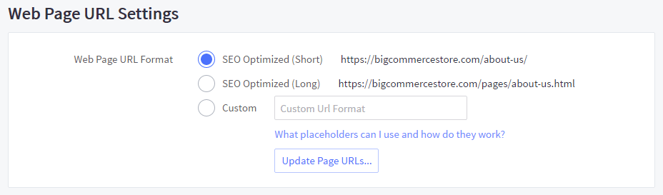 web page url settings bigcommerce seo
