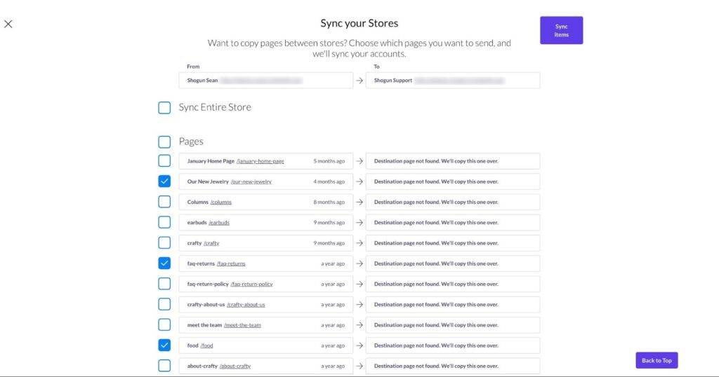 content sync select pages sync content across stores