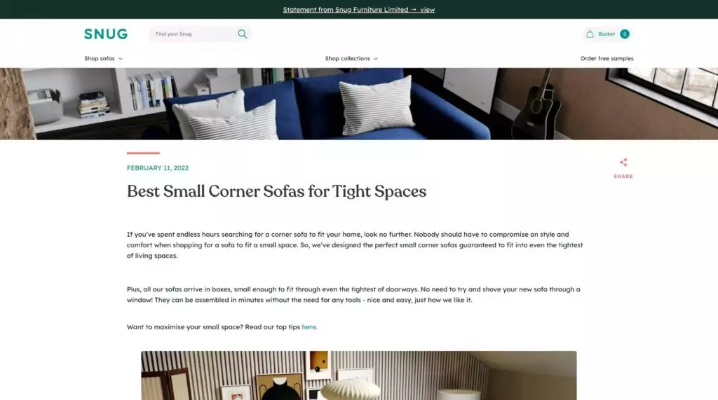 snug sofa blog post shopify blog examples
