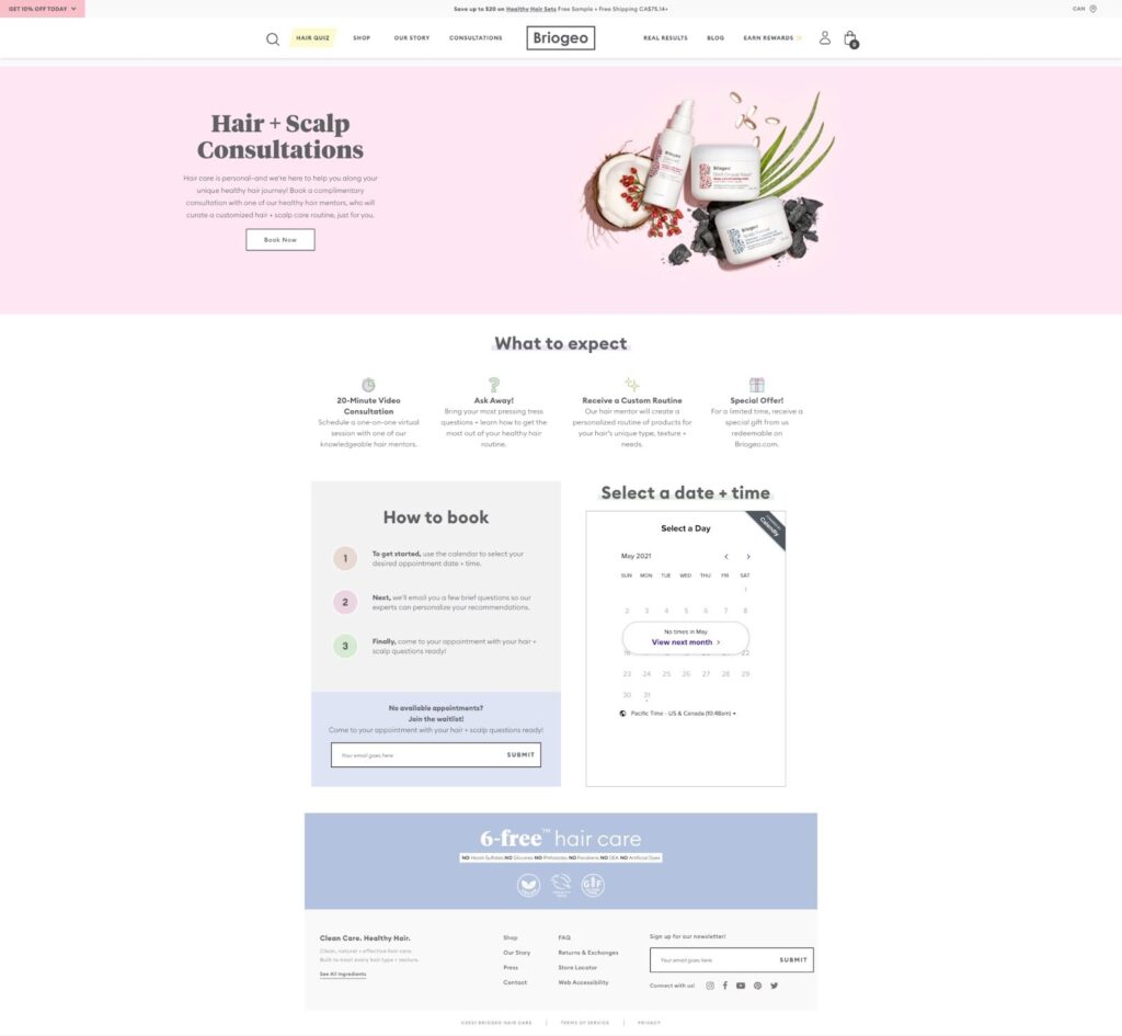 briogeo consultation landing pages in shopify