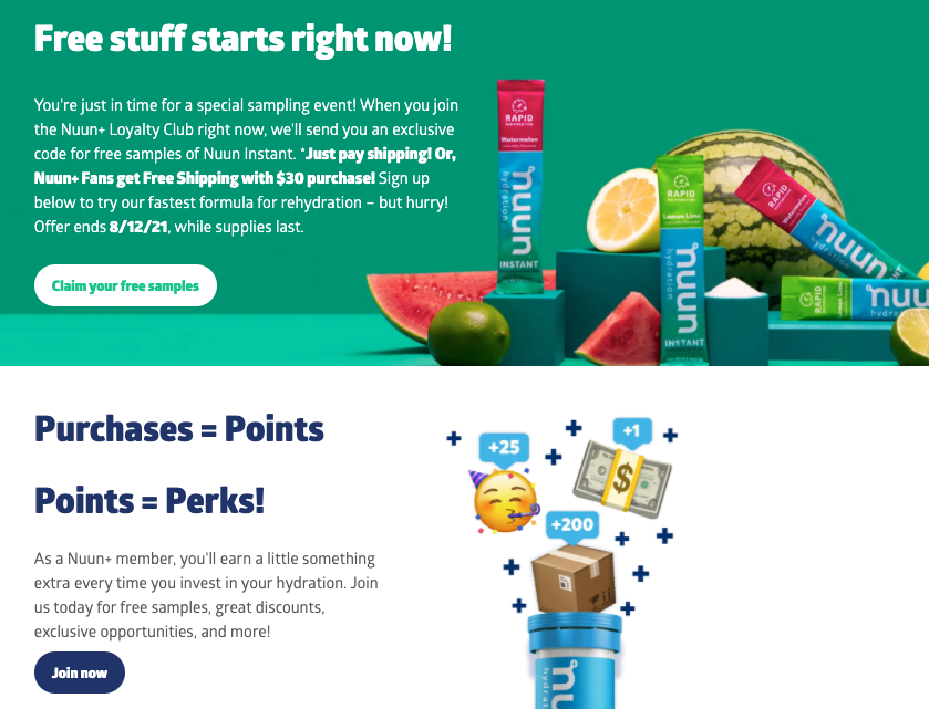nuun free stuff ecommerce landing page examples