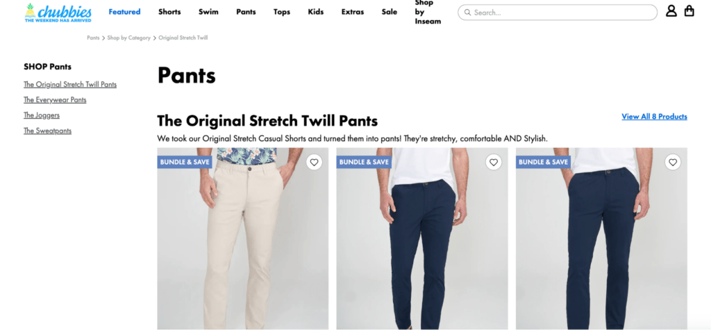 Screenshot of Chubbies Shopify sub-collection