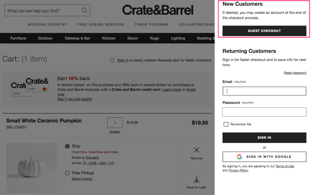 guest checkout crate barrel ecommerce conversion rate