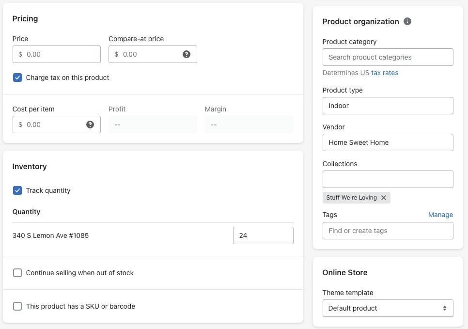 product price inventory category how to add a page to shopify