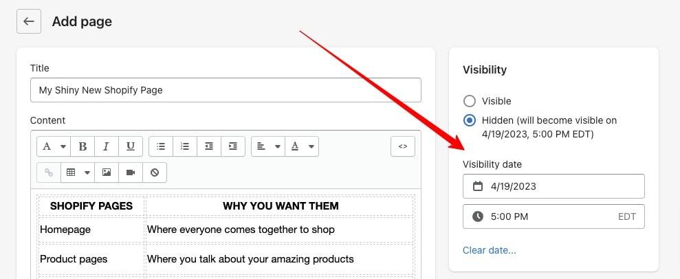 shopify page set visibility how to add a page to shopify
