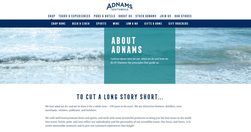 adnams above fold about us page examples