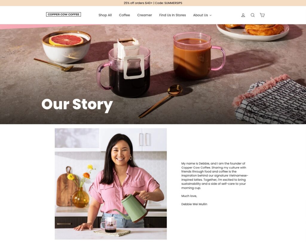 copper cow our story above fold about us page examples