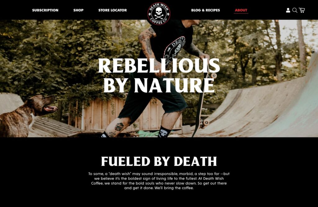 death wish above fold about us page examples