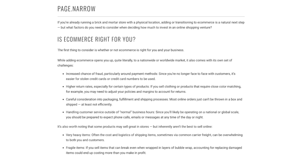 page narrow template shopify page templates