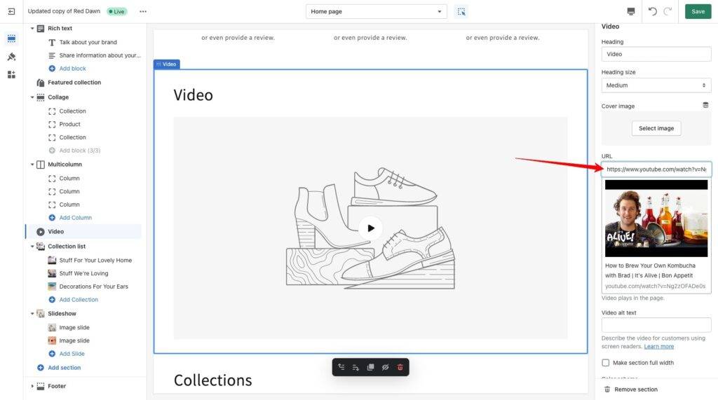 video section add url add video to shopify