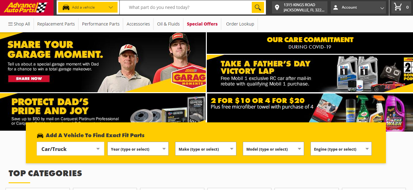 screenshot of the Advance Auto Parts homepage design