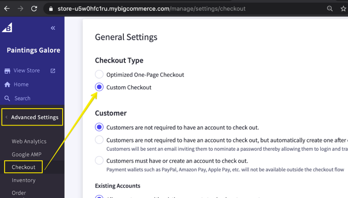 Use the local server address that’s provided by npm run dev:server to go to your BigCommerce test store. Then, from the BigCommerce control panel, navigate to “Advanced Settings” > “Checkout” and select the “Custom Checkout” option
