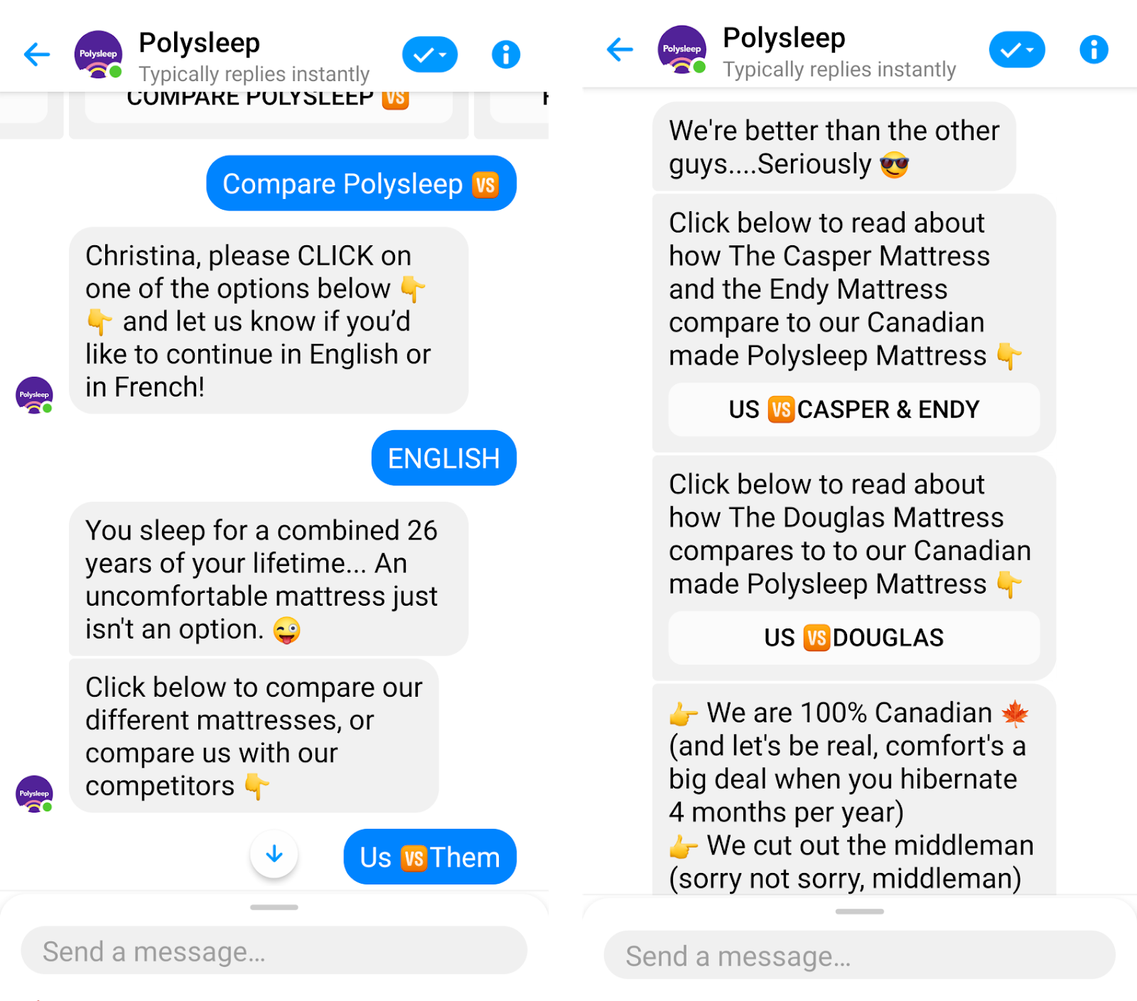 example of two AI Facebook Messenger conversations