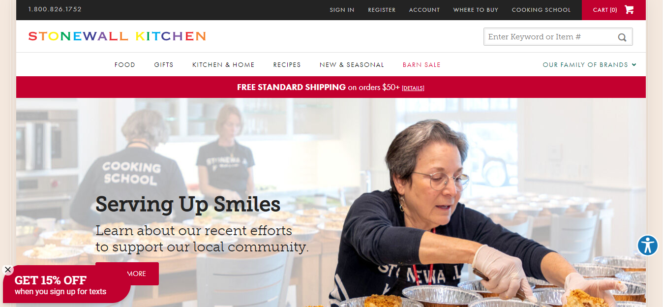 screenshot of the Stonewall Kitchen home page with an older woman serving food
