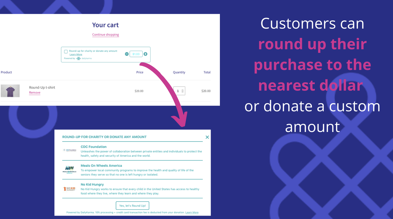 a screenshot of Shop for Good in action, which allows consumers to donate a custom amount of round up to the nearest dollar