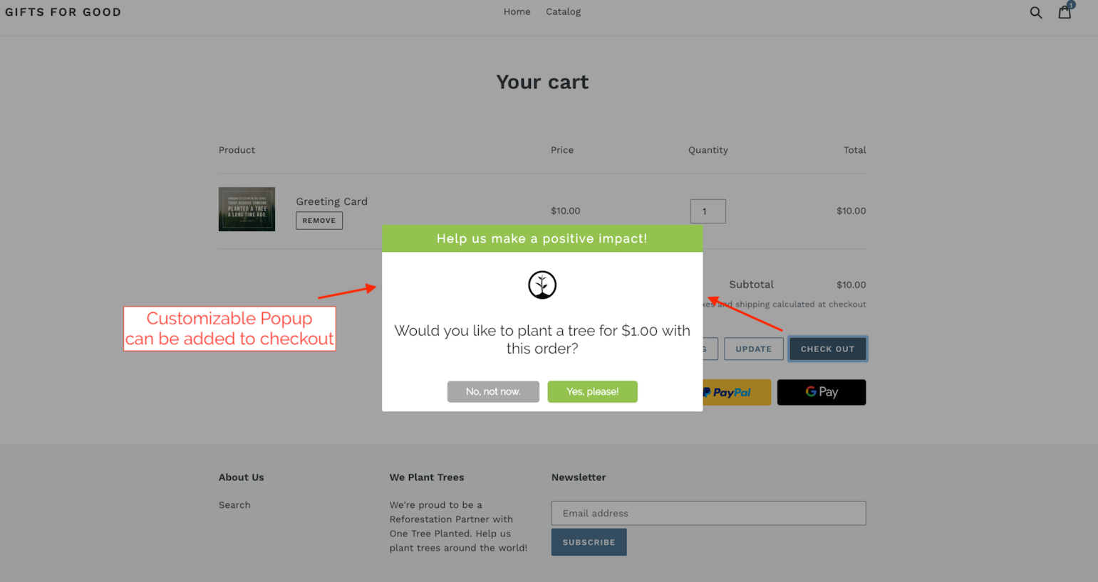 a screenshot of One Tree Planted at Checkout in action, giving a consumer the option of giving $1.00 to plant a tree