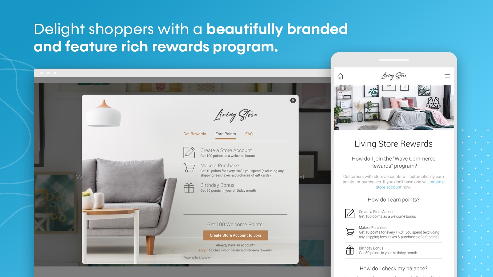 S Loyalty app in use by a home goods website with a blue background