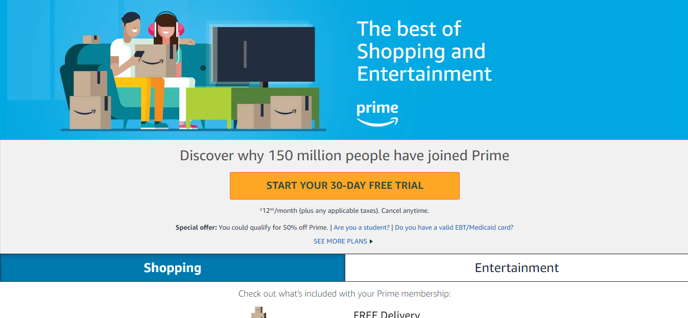a screenshot of a sign-up page for Amazon Prime subscription service which offers members rewards