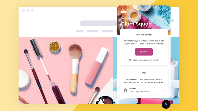 Smile.io loyalty program app with makeup against a yellow background
