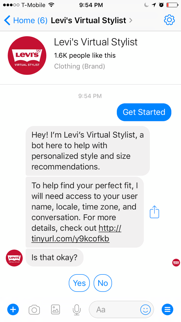 Example of Levi's virtual shopping assistant in action via Facebook Messenger