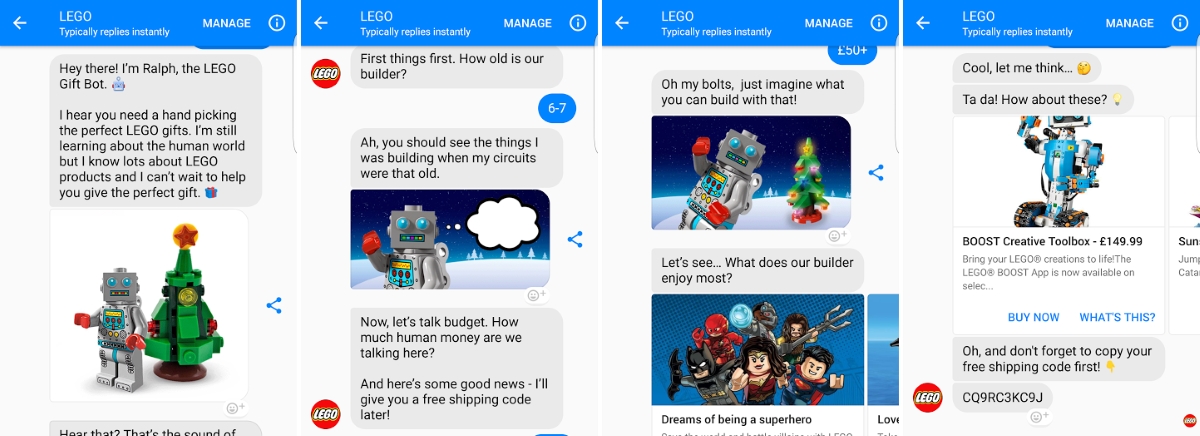 Example of LEGO's virtual shopping assistant via Facebook Messenger