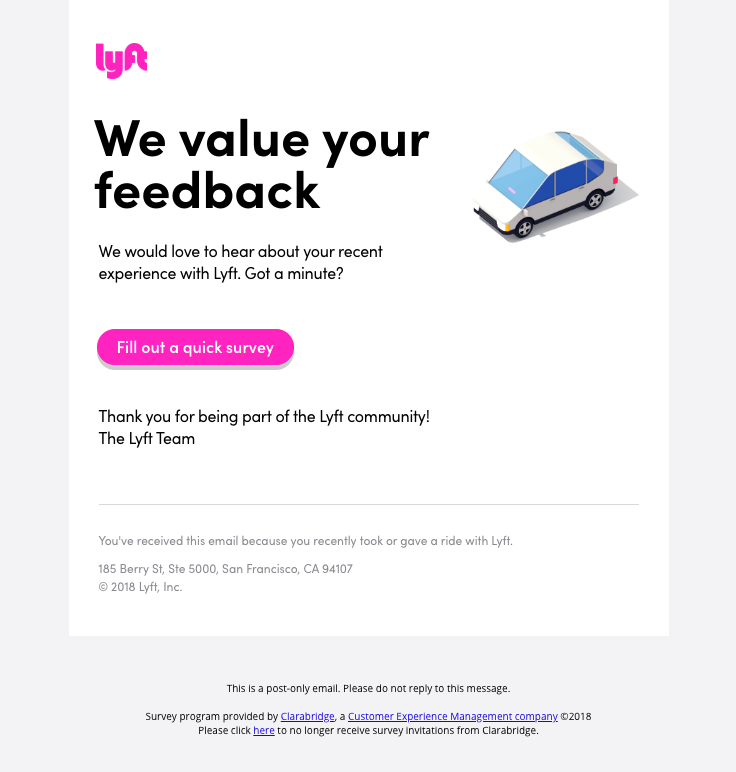 lyft email to a customer requesting feedback