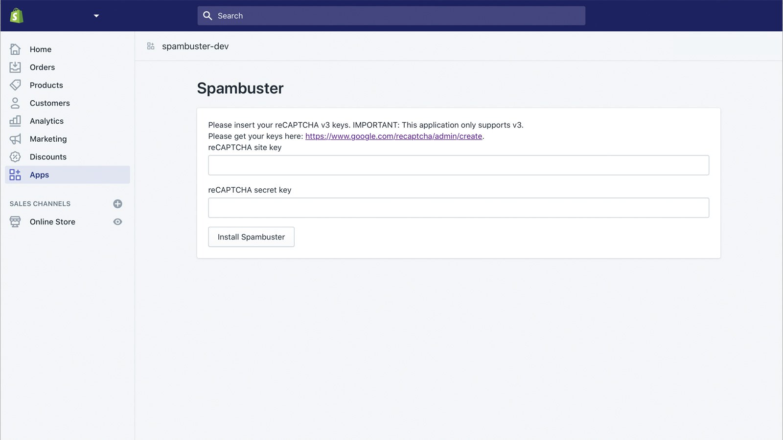 screenshot of spambuster app on Shopify