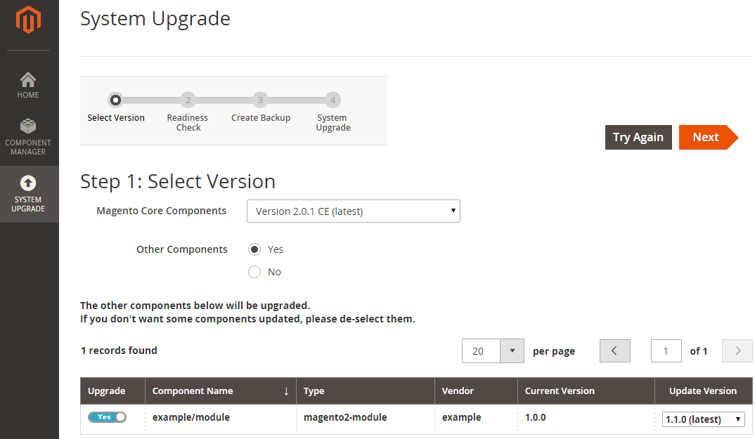 screenshot of a screen where the user is upgrading to a new version of magento