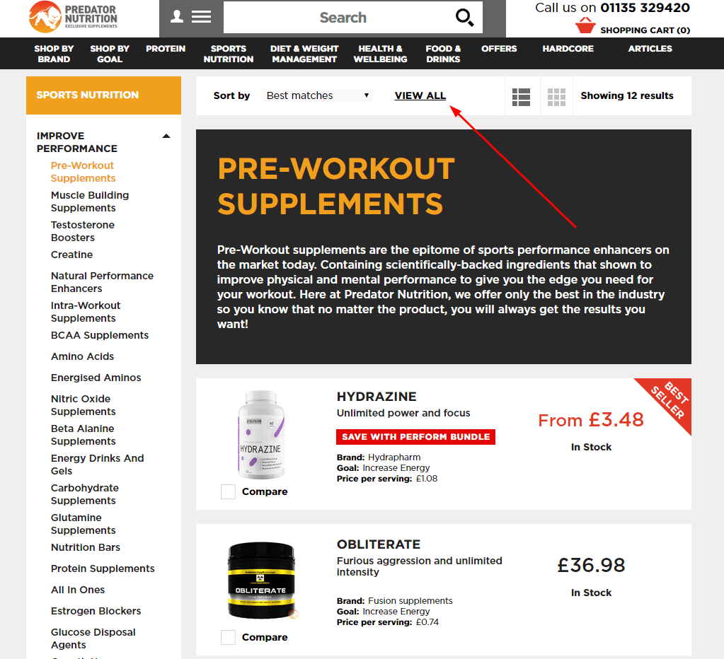 Salesforce Commerce Cloud category page for Predator Nutrition