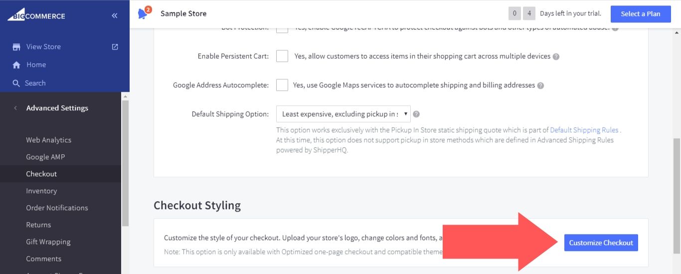 Scroll down to the “Checkout Styling” section and select “Customize Checkout”