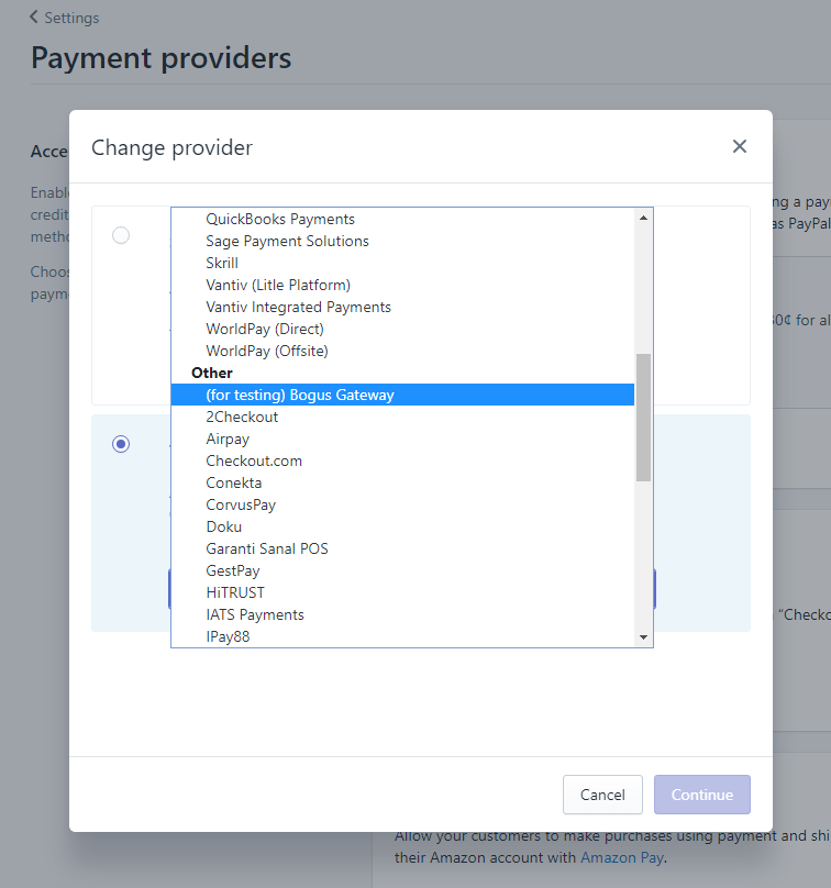 Click the option for Third party credit card provider and select (for testing) Bogus Gateway from the drop down menu