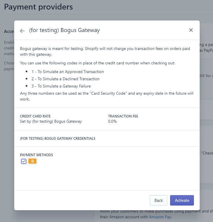 The next screen will provide instruction on how to use this “payment method” for your Shopify test order, and since it’s recognized as a fake method by Shopify’s systems, you won’t be charged any transaction fees