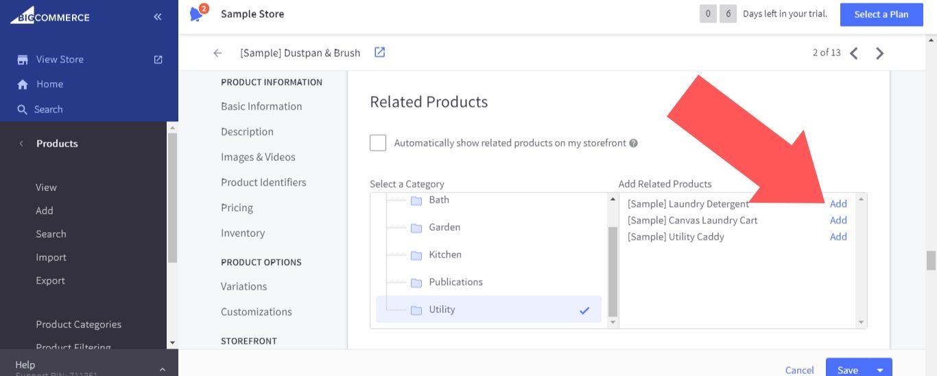 In the “Select a Category” and “Add a product” windows, you can browse through all the products listed on your store and pick which ones will be featured in the related products section