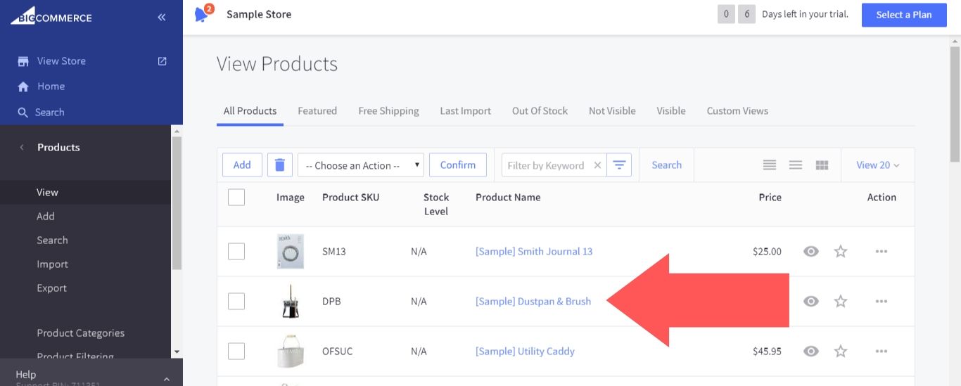 From the BigCommerce dashboard, go to “Products”