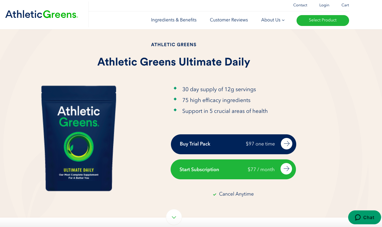 AthleticGreens landing page using contrasting colors