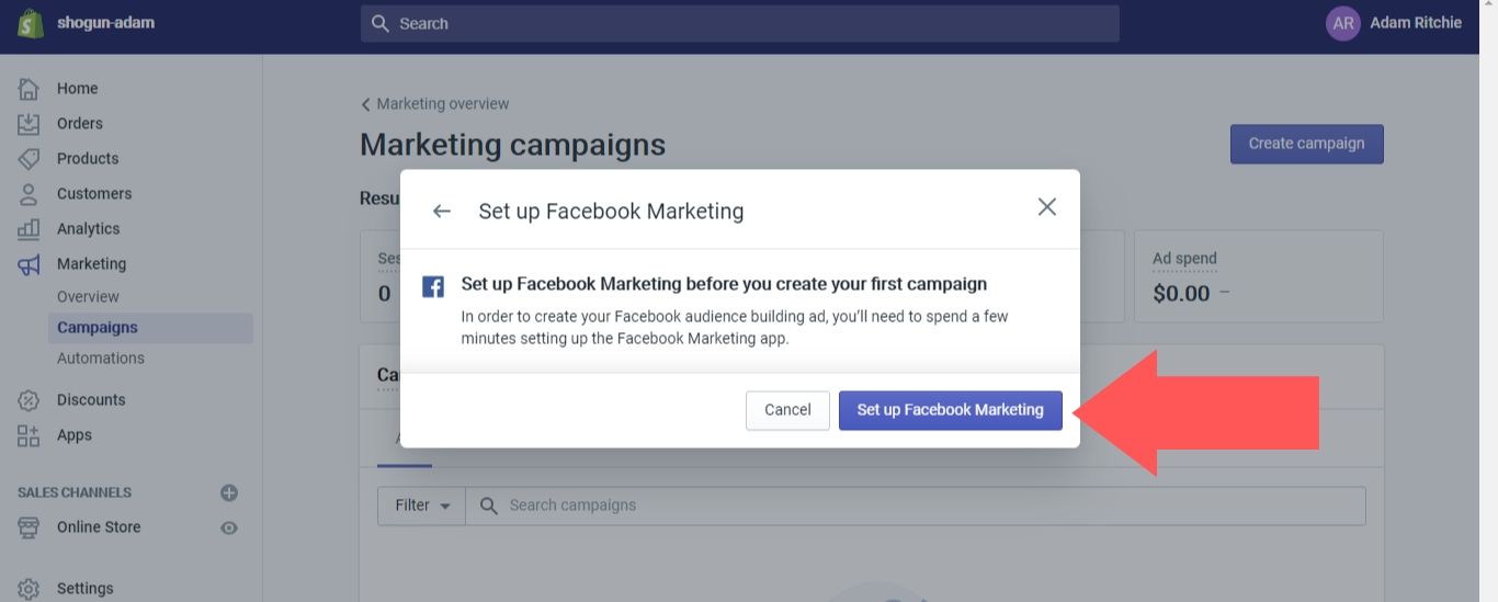Click on the “Set up Facebook Marketing” button