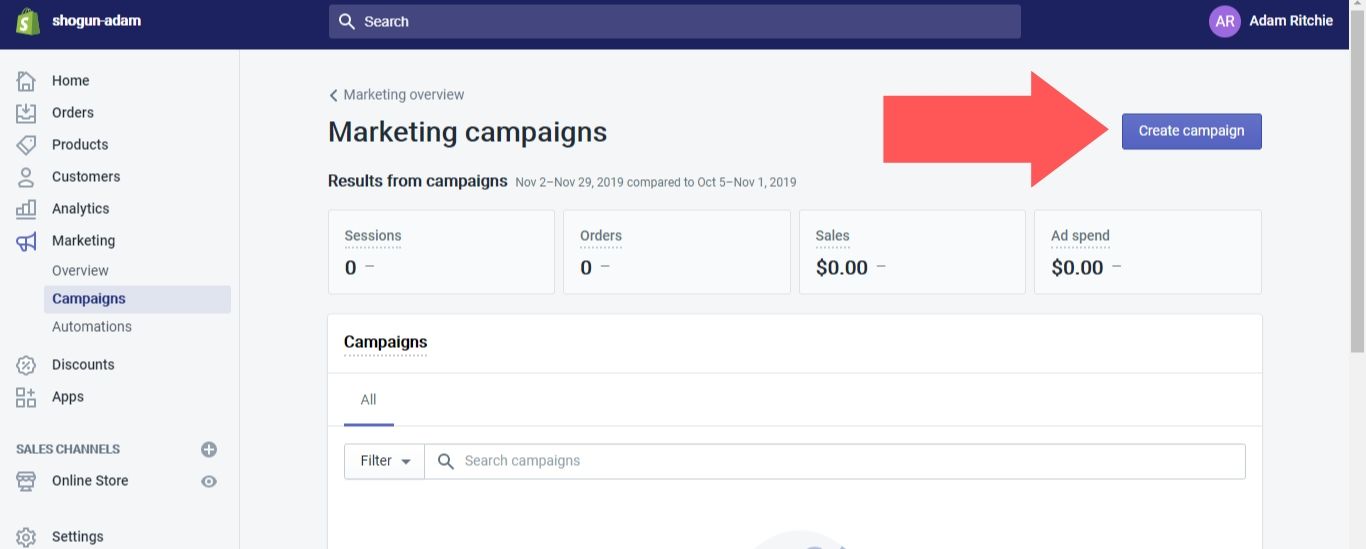 Select “Campaigns” in the dropdown options under “Marketing”, then click on the “Create campaign” button