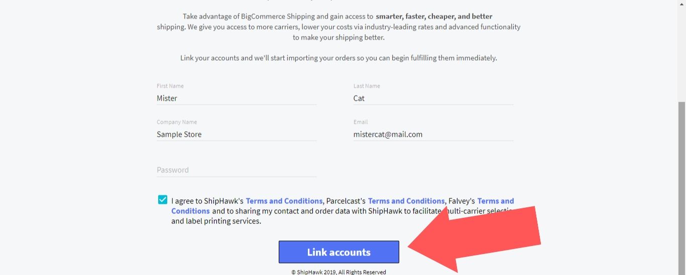 Enter your BigCommerce account information, agree to the terms and conditions, and select “Link accounts”