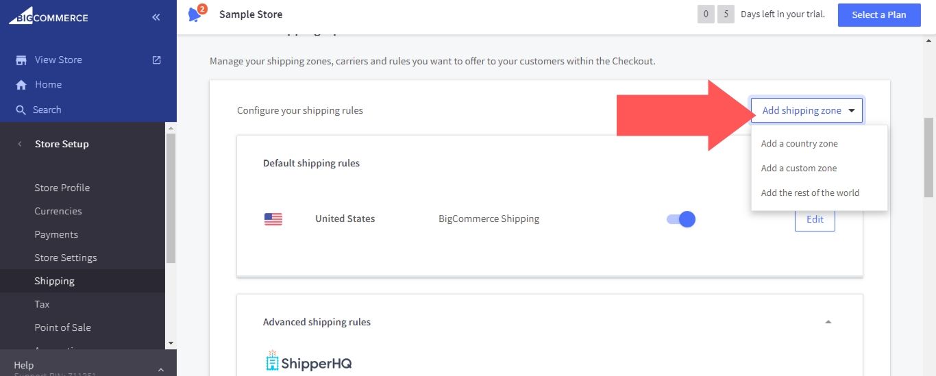 To add a shipping zone, scroll down to the “Checkout Shipping Options” section and open the “Add shipping zone” dropdown menu