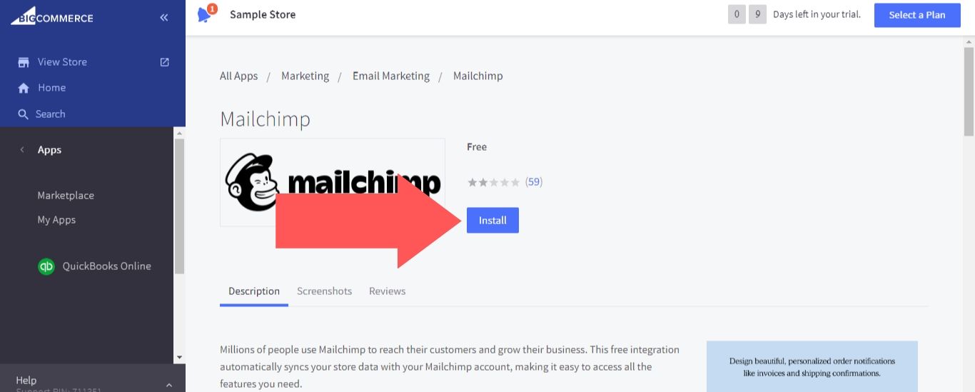 Select “Install” for Mailchimp
