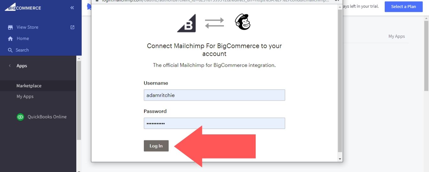 enter your Mailchimp login credentials and sign in