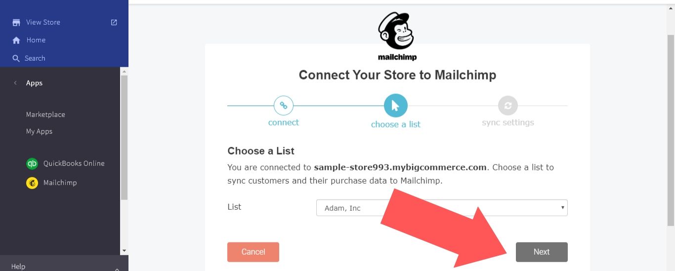 Choose a list to sync customers and their purchase data with Mailchimp, then select “Next”