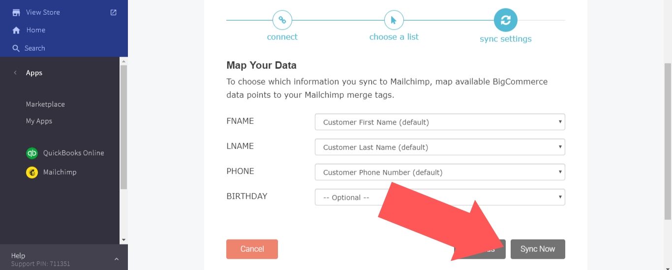 Map the available BigCommerce data points to your Mailchimp merge tags, then select “Sync Now”