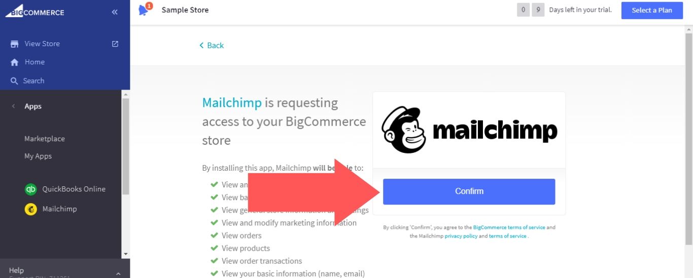Select “Confirm” for Mailchimp