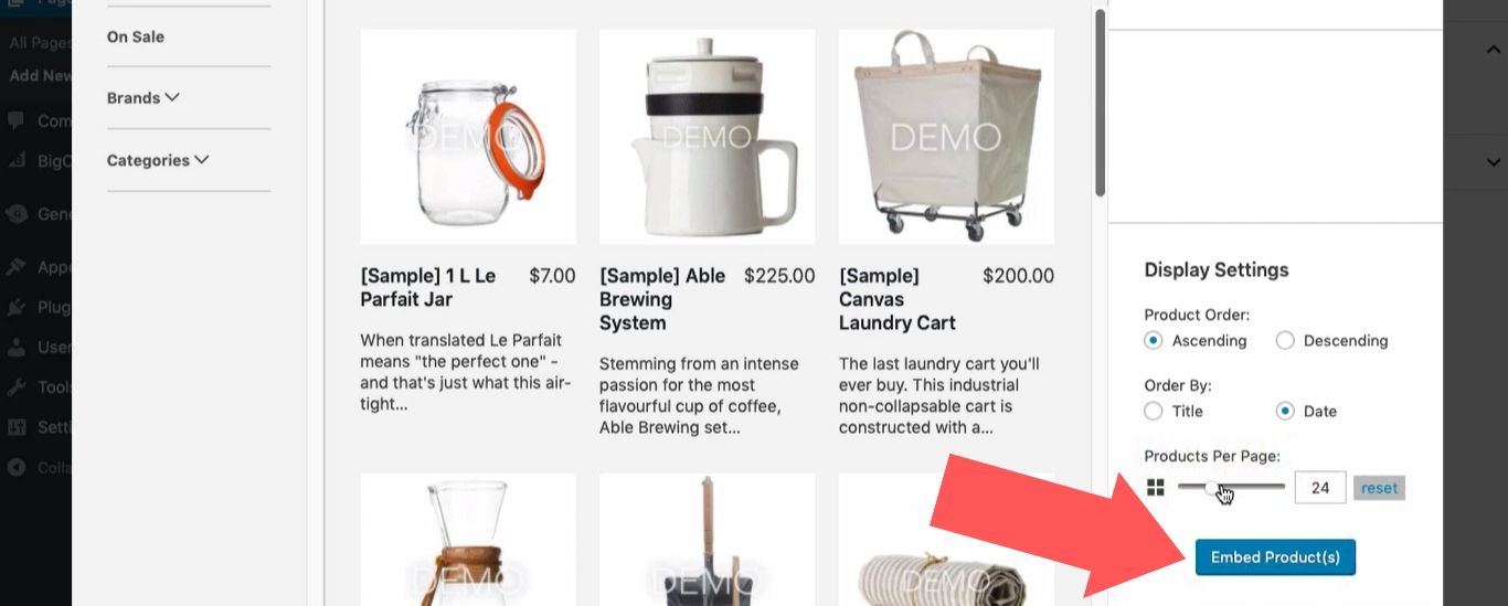 Select “Embed Products”