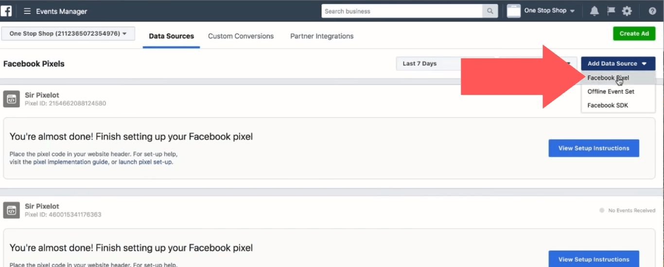 Open the “Add Data Source” menu and select “Facebook Pixel”