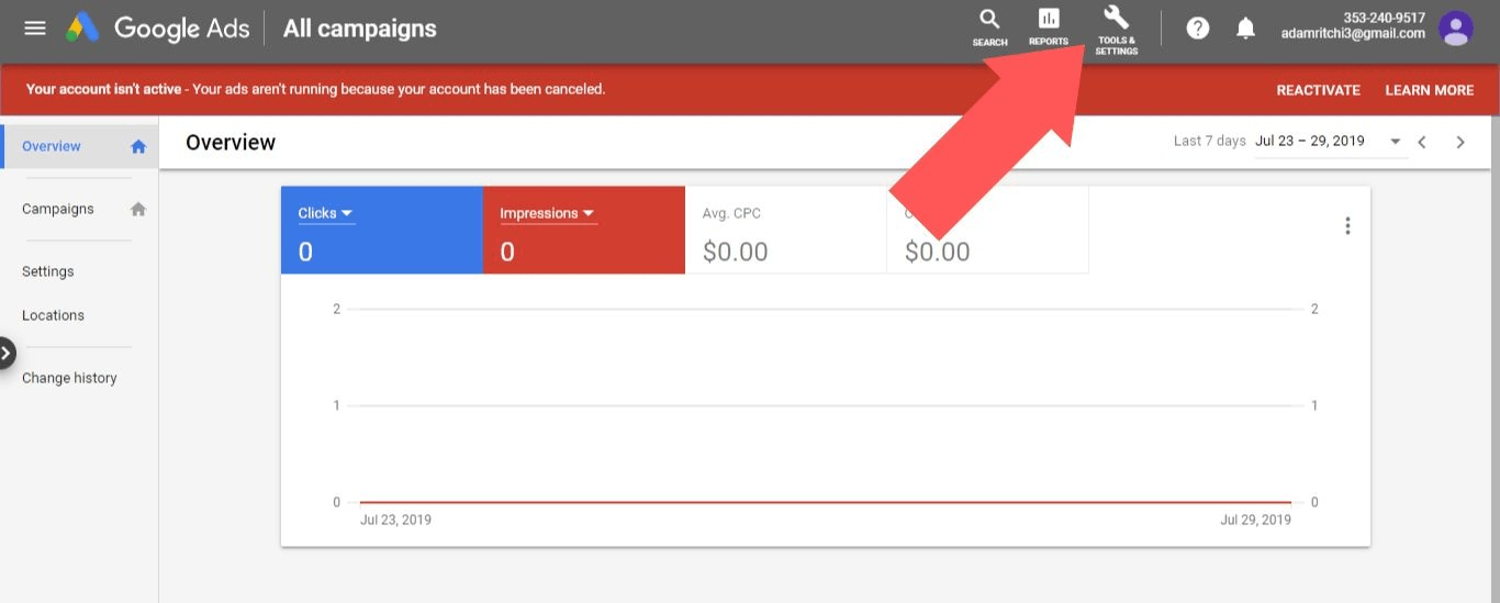 Log in to your Google Ads account and select “Tools & Settings”